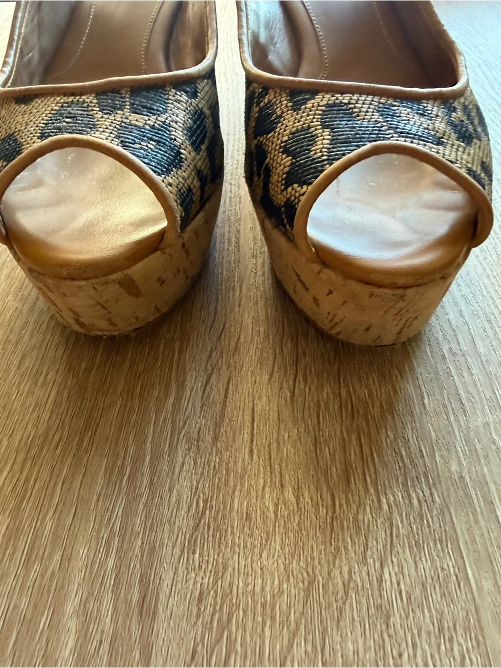 Tory Burch Tan & Black Leopard Wedge Cork Wedge Platform Sling-backs Sz 8